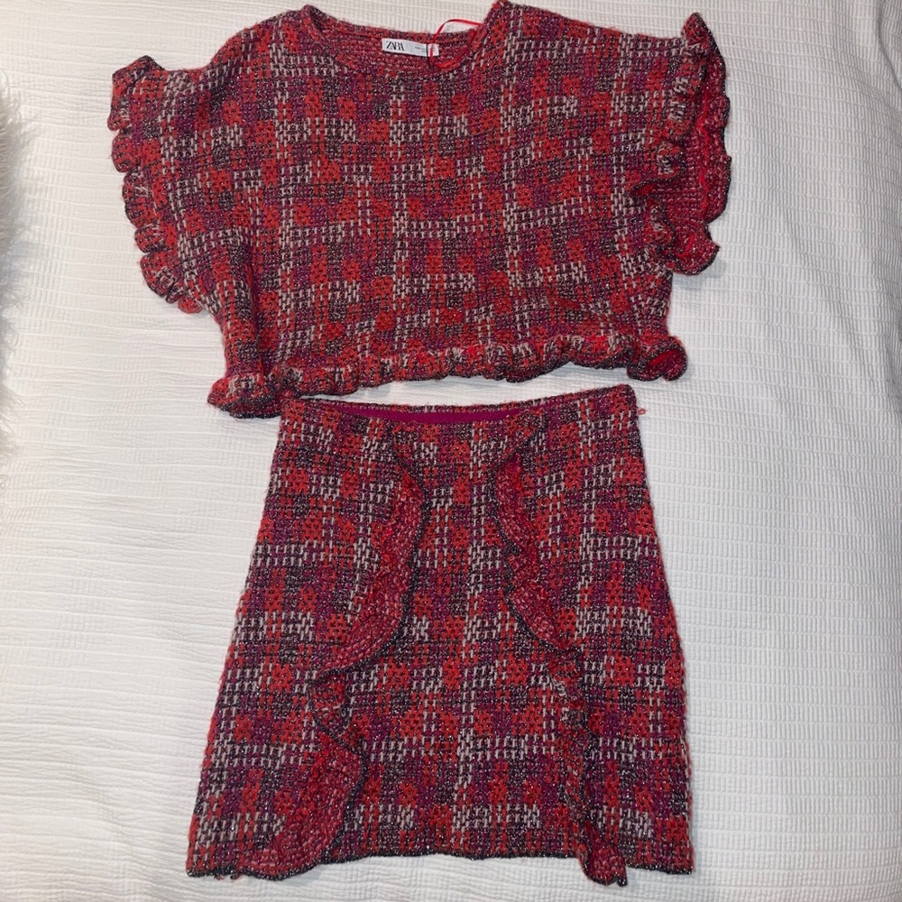 Zara Red and Gray Tweed Two-Piece Set